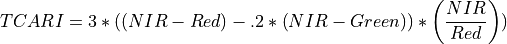 TCARI =   3*\left ( \left ( NIR - Red \right ) - .2*\left ( NIR - Green \right ) \right )* \left ( \frac{NIR}{Red} \right ))